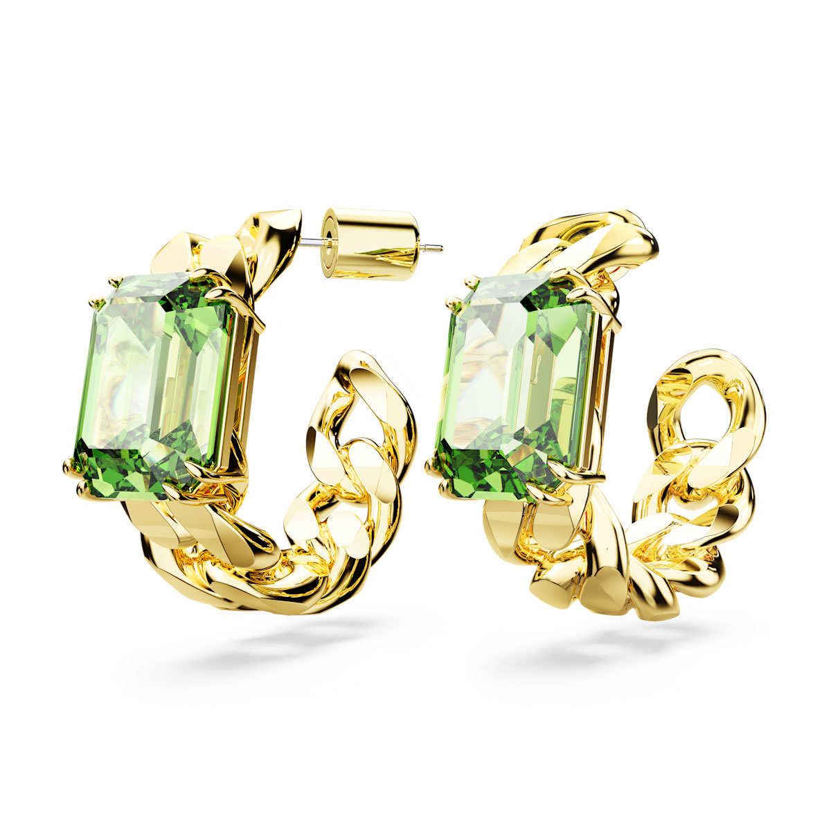 Swarovski Millenia hoop earrings, Octagon cut, Green, Gold